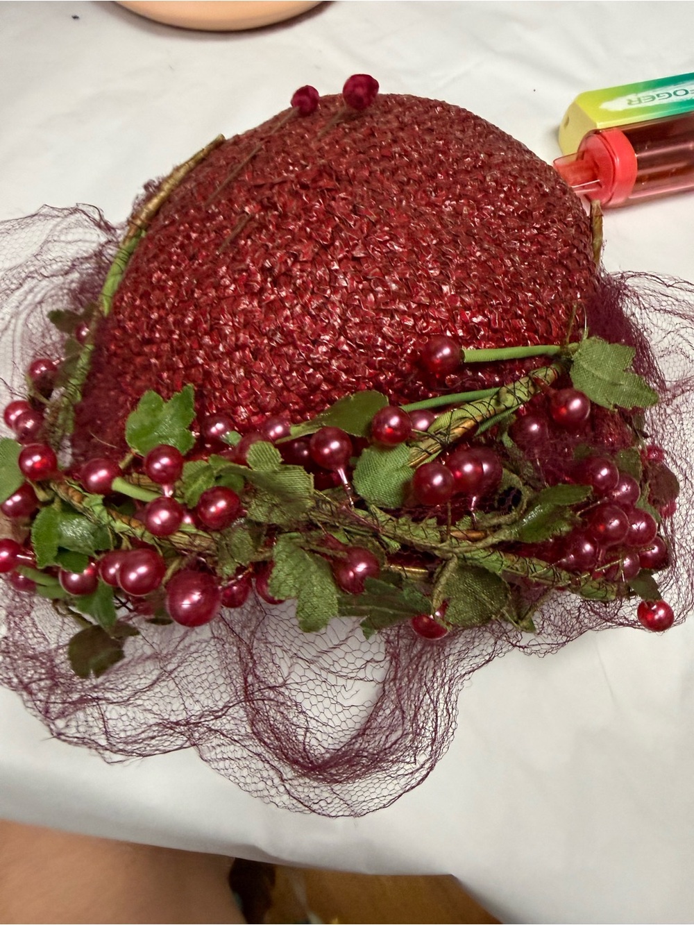 Vintage Eraine Wendling Berry Cocktail Hat with Veil and Bead Trim - Picture 5 of 8